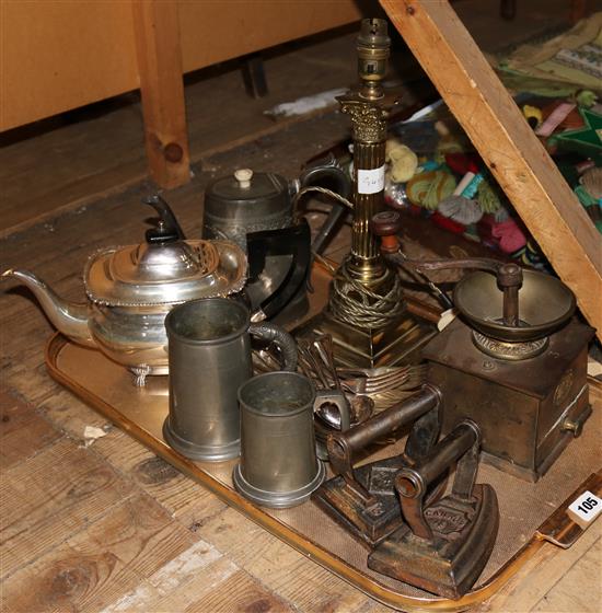 Brass lamp, coffee grinder, pewter etc